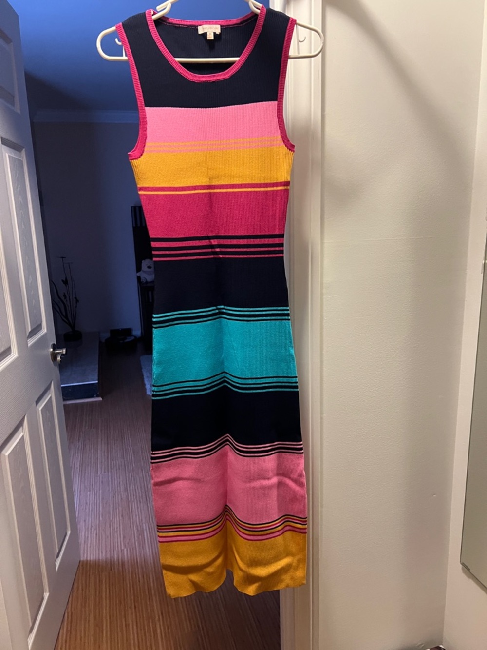 Skies Are Blue Navy Striped Maxi Dress with Pink, Yellow & Teal Bands